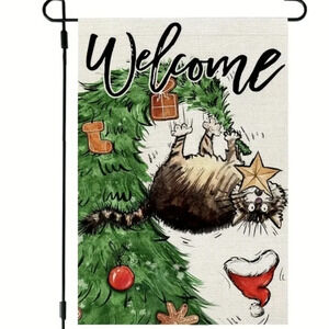 Welcome garden flag, tabby cat, Christmas tree & ornament, winter